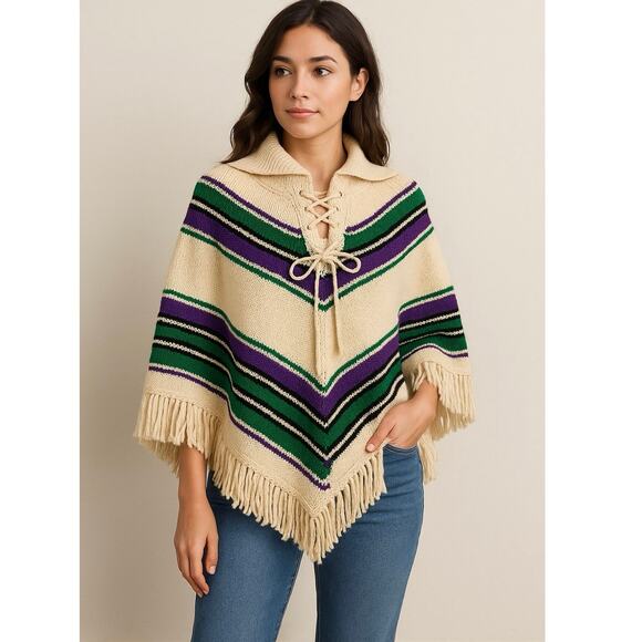 Vintage Macy’s 100% Wool Fringe Poncho Shawl Cream
Striped Boho Sweater Cape M - Picture 1 of 10